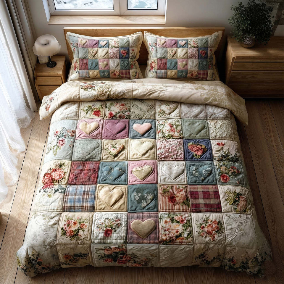 Spring Patch Cream Square Sampler quilted bedding set, quilt and two pillow shams on a made bed