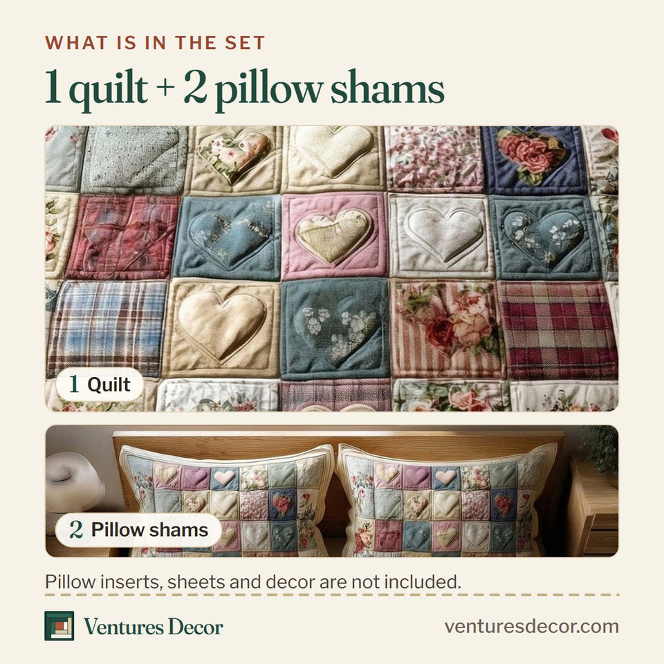 What is in the set: one quilt and two pillow shams, shown in the Spring Patch Cream Square Sampler design