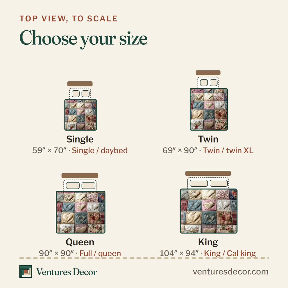 Size guide for the Spring Patch Cream Square Sampler quilt, top view to scale: Single 59 x 70 in, Twin 69 x 90 in, Queen 90 x 90 in, King 104 x 94 in