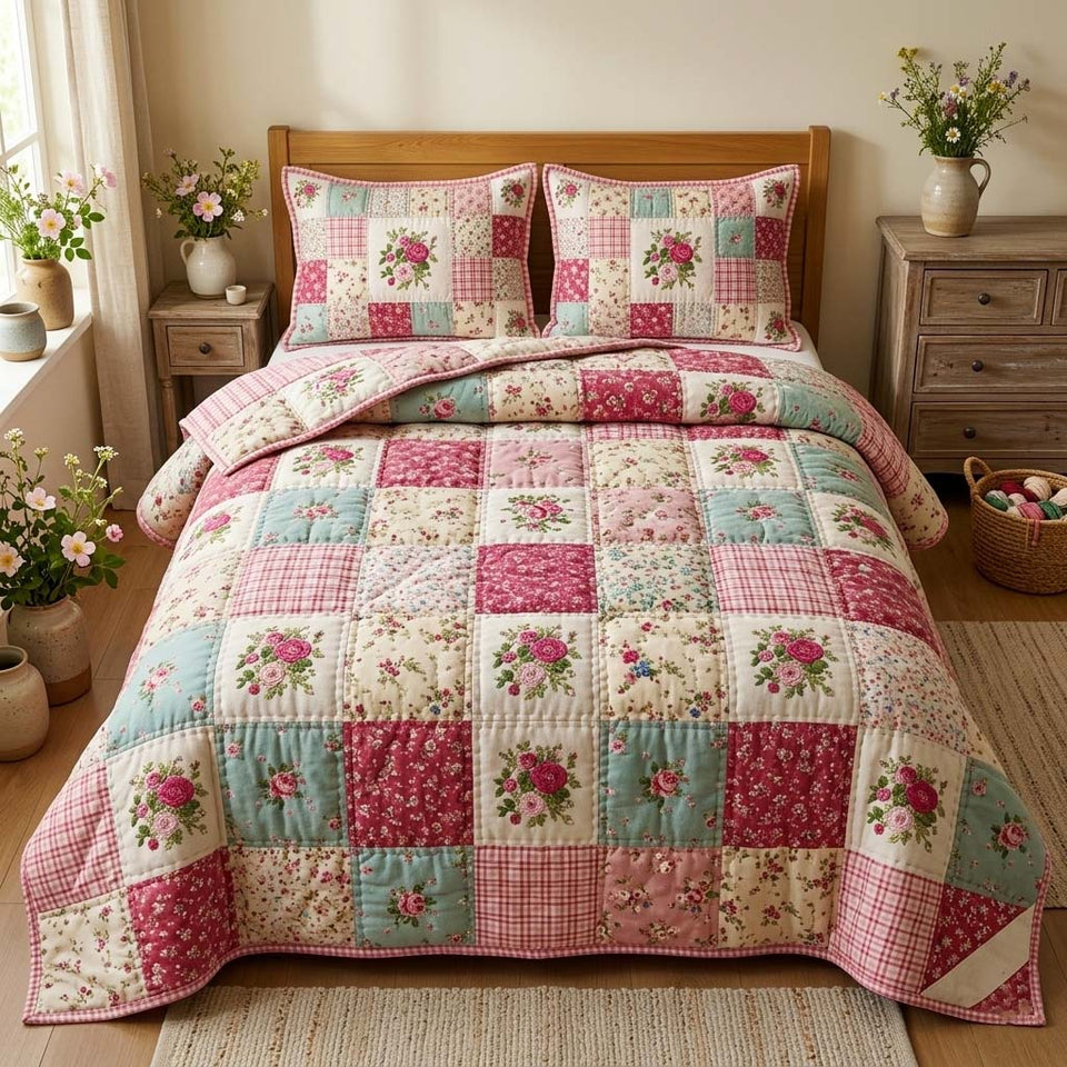 Spring Patchwork quilted bedding set, quilt and two pillow shams on a made bed