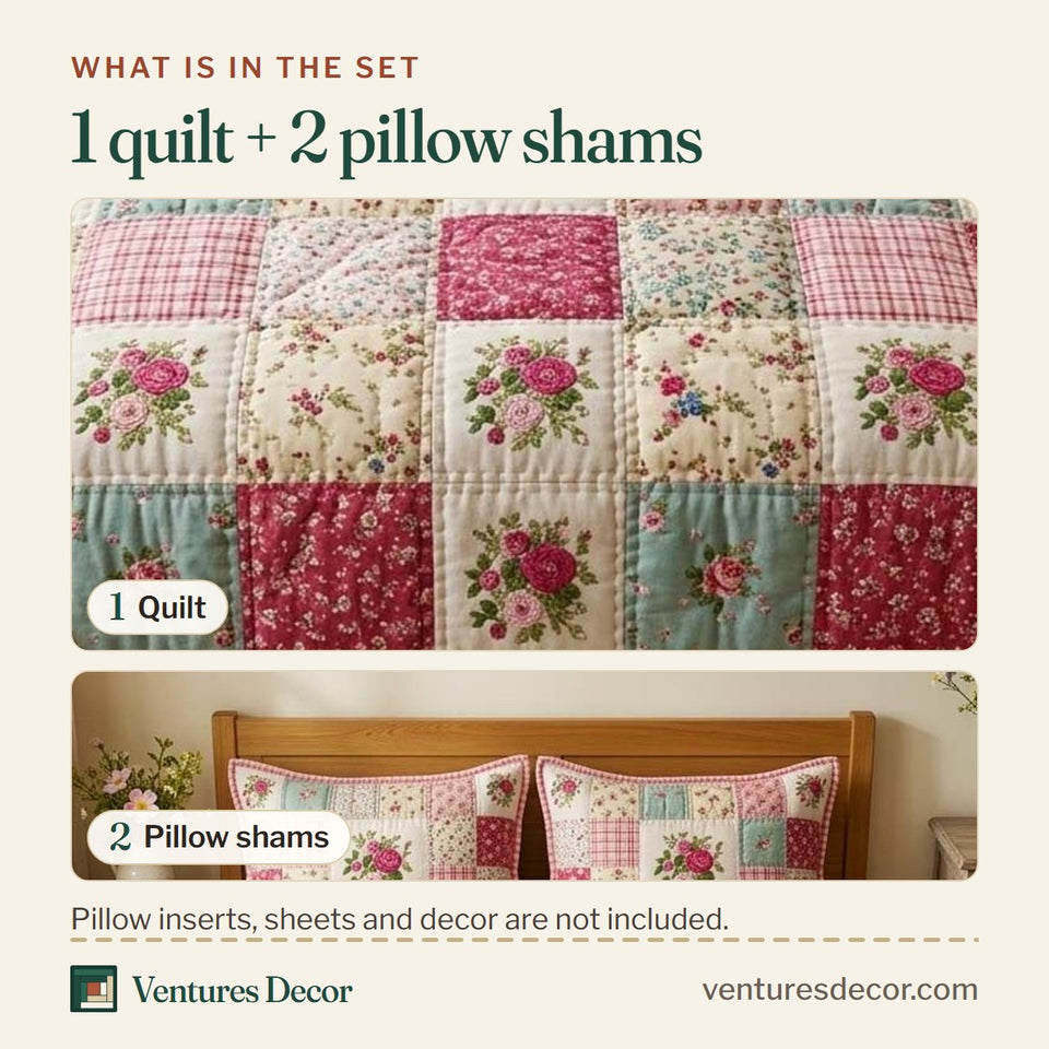What is in the set: one quilt and two pillow shams, shown in the Spring Patchwork design