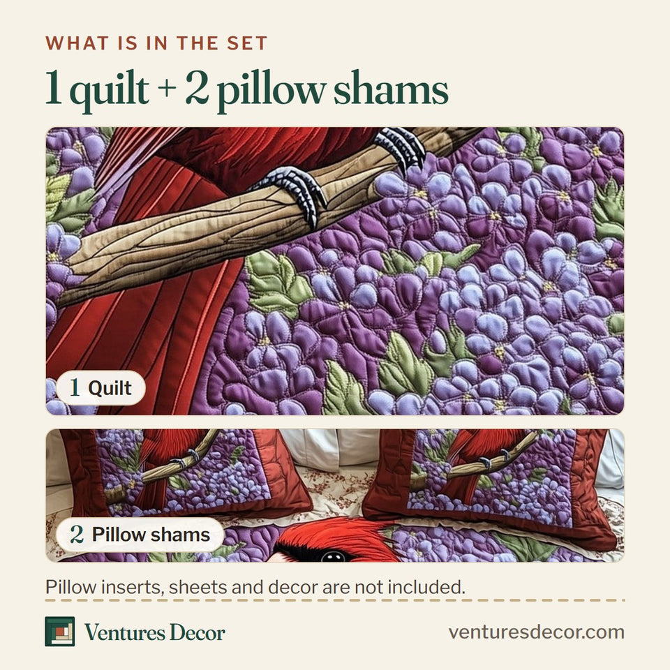 What is in the set: one quilt and two pillow shams, shown in the Springtime Cardinal Purple Lilac Bough design