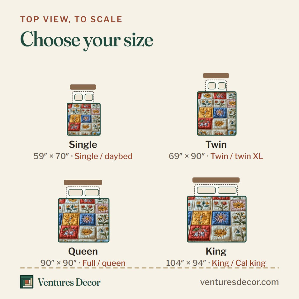 Size guide for the Springtime Patchwork Yellow Bloom Squares quilt, top view to scale: Single 59 x 70 in, Twin 69 x 90 in, Queen 90 x 90 in, King 104 x 94 in