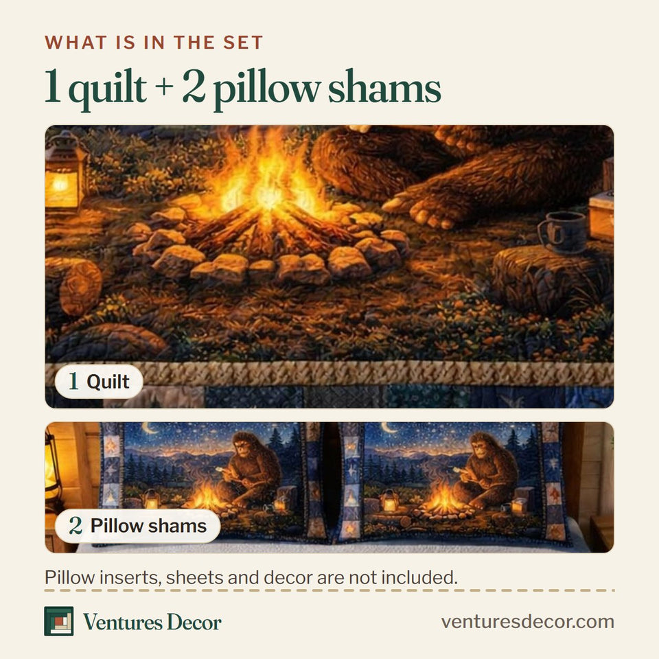 What is in the set: one quilt and two pillow shams, shown in the Squatch Trek design