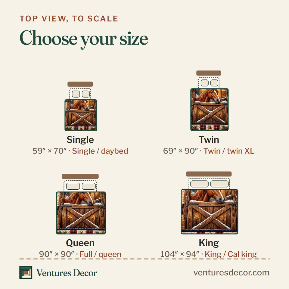 Size guide for the Stable Horse quilt, top view to scale: Single 59 x 70 in, Twin 69 x 90 in, Queen 90 x 90 in, King 104 x 94 in
