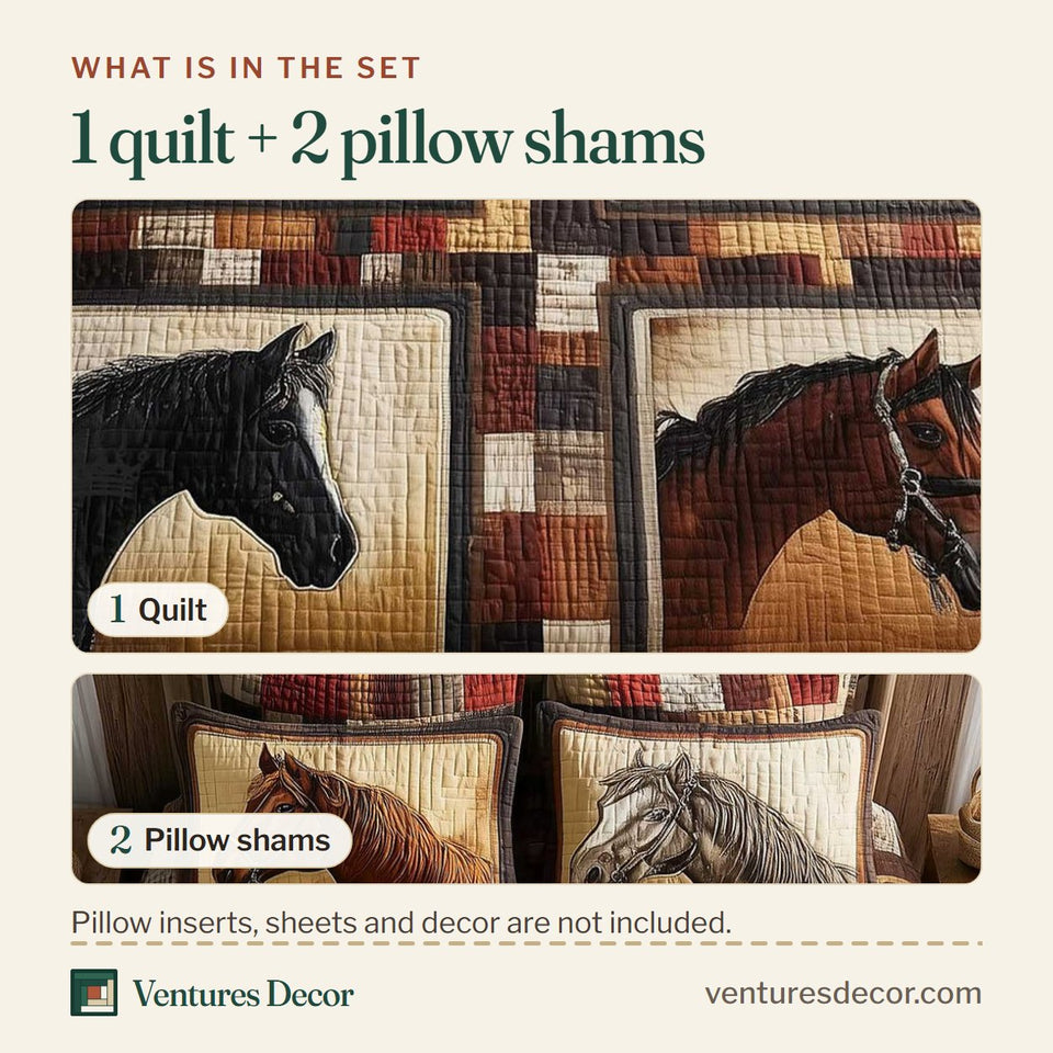 What is in the set: one quilt and two pillow shams, shown in the Stable Portrait Checkers design