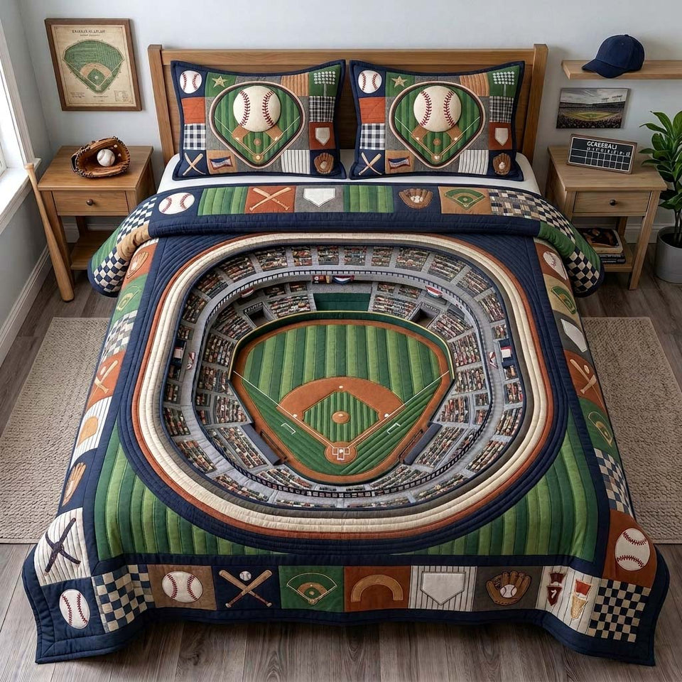 Stadium Memory quilted bedding set, quilt and two pillow shams on a made bed