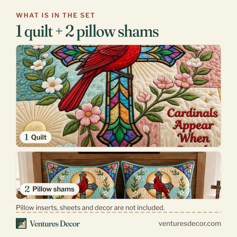What is in the set: one quilt and two pillow shams, shown in the Stained Glass Cross design