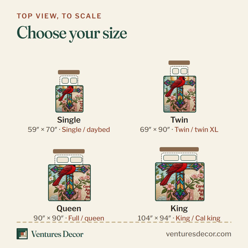 Size guide for the Stained Glass Cross quilt, top view to scale: Single 59 x 70 in, Twin 69 x 90 in, Queen 90 x 90 in, King 104 x 94 in