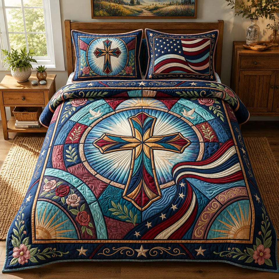 Stained Glass Glory Cross quilted bedding set, quilt and two pillow shams on a made bed
