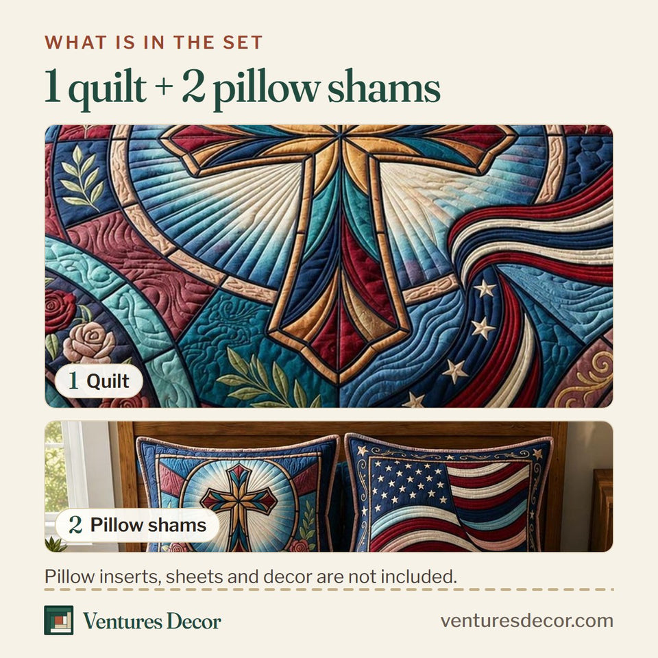 What is in the set: one quilt and two pillow shams, shown in the Stained Glass Glory Cross design