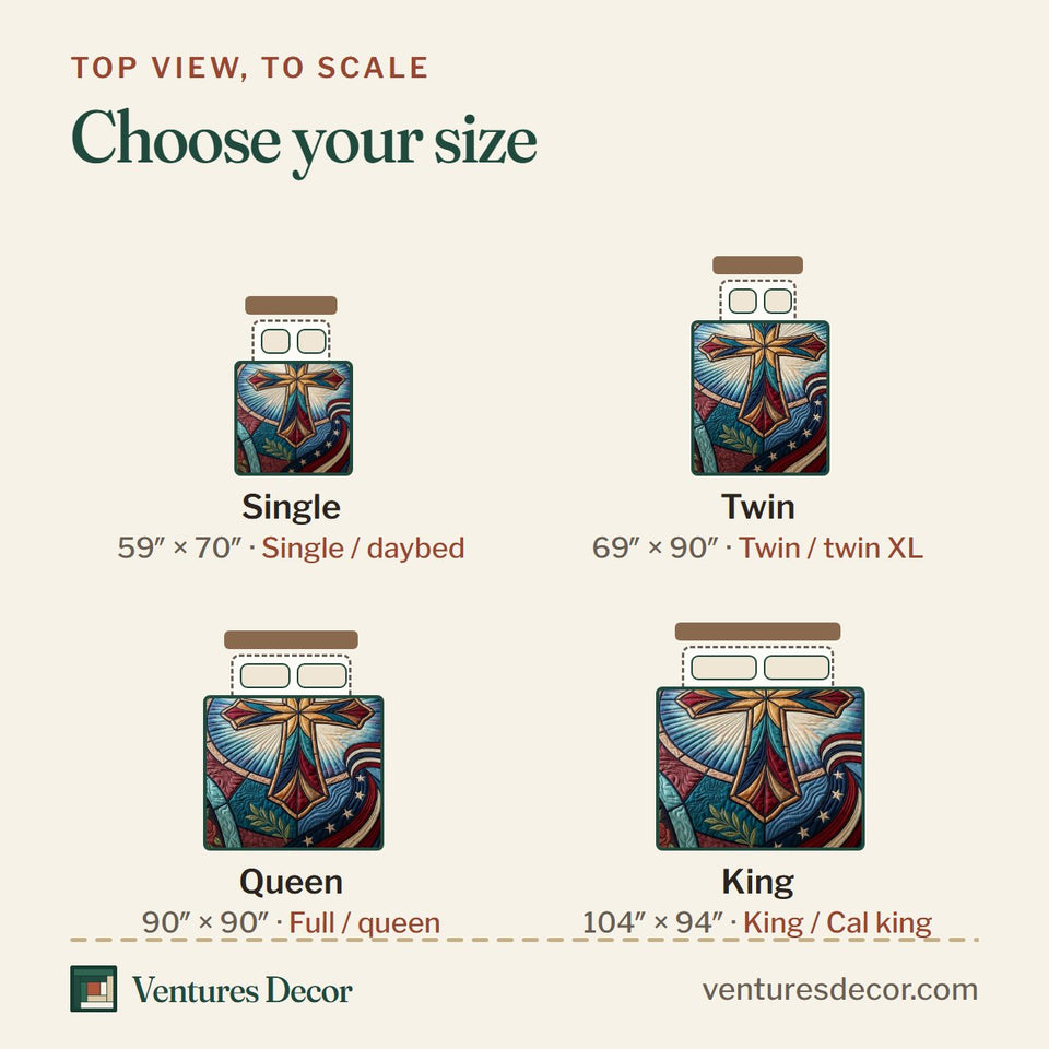Size guide for the Stained Glass Glory Cross quilt, top view to scale: Single 59 x 70 in, Twin 69 x 90 in, Queen 90 x 90 in, King 104 x 94 in
