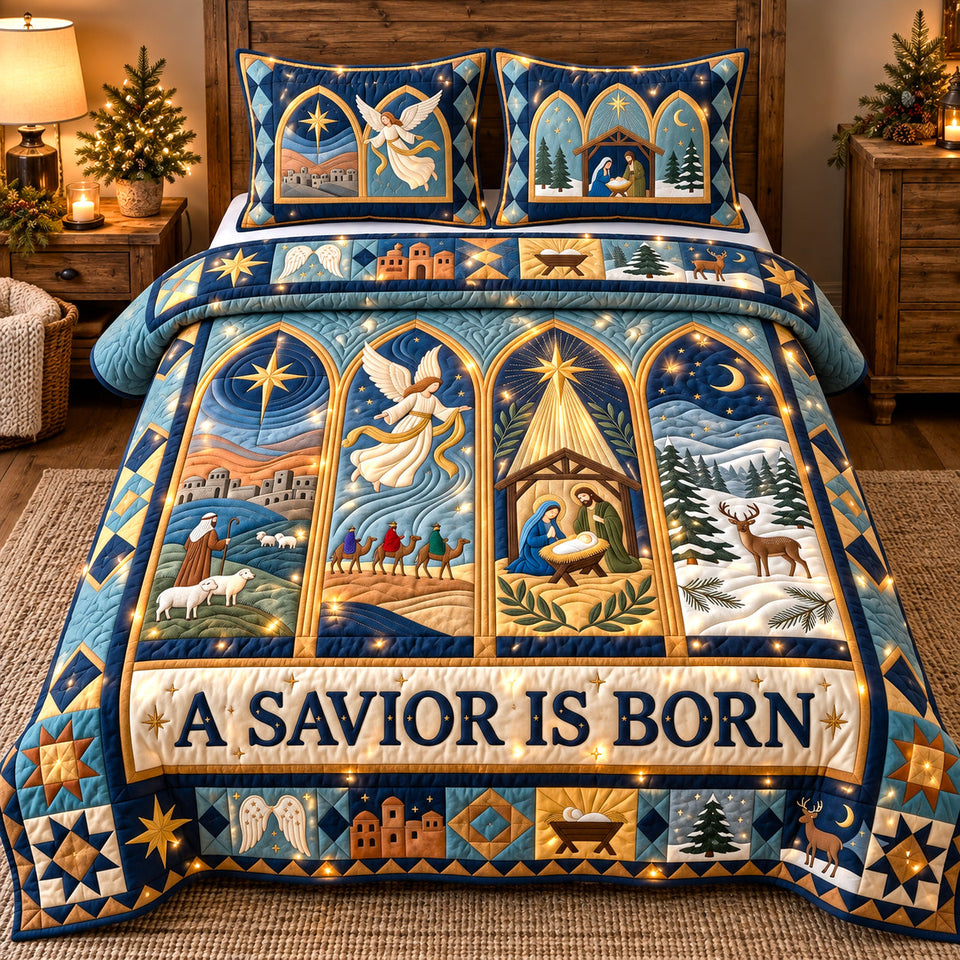 Stained Glass Savior quilted bedding set, quilt and two pillow shams on a made bed