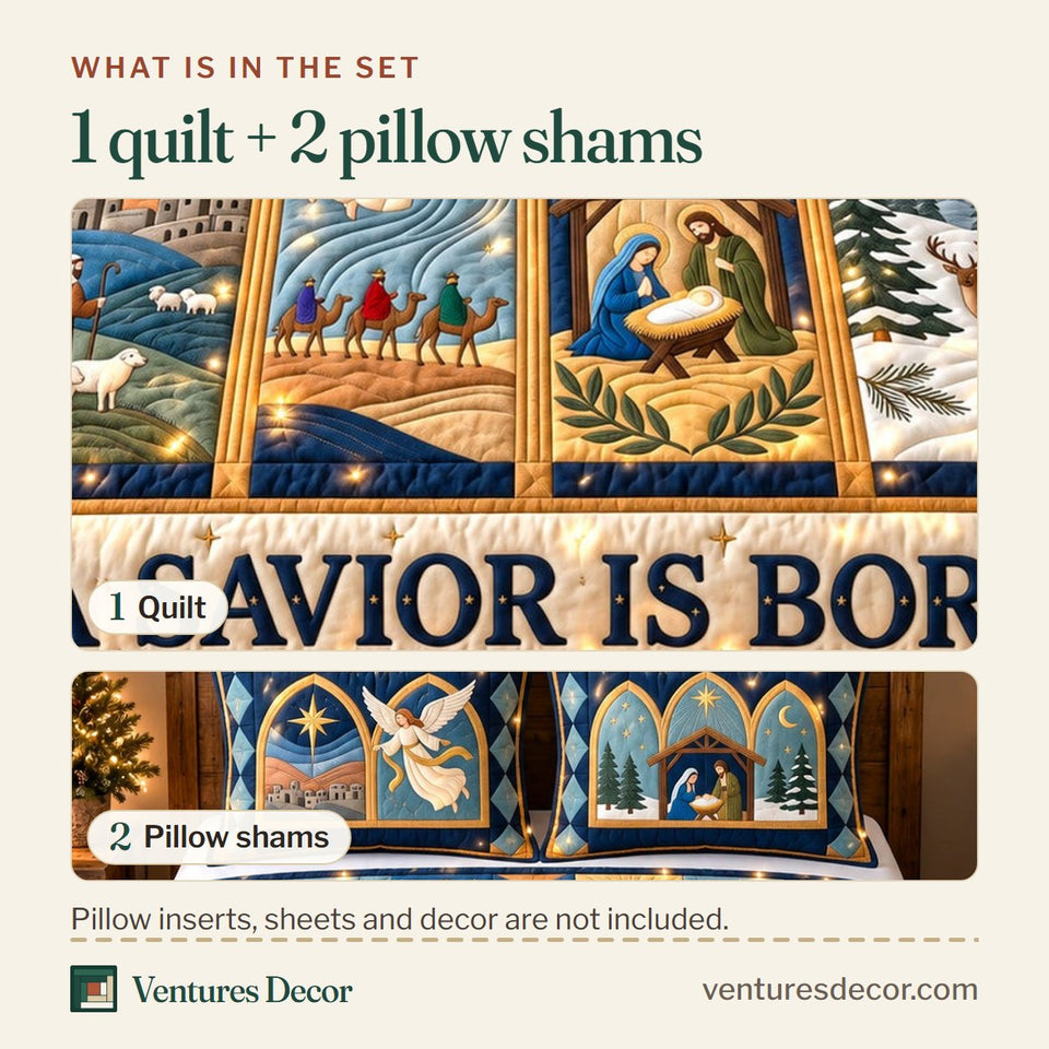 What is in the set: one quilt and two pillow shams, shown in the Christian Stained Glass Savior Quilt Set, 3-Piece Quilted Bedding with 2 Pillow Shams design