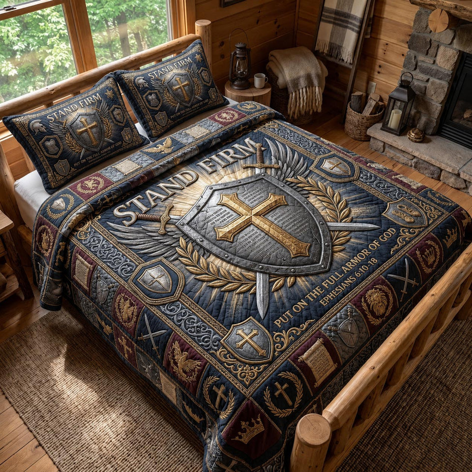 Stand Firm Shield Cross quilted bedding set, quilt and two pillow shams on a made bed