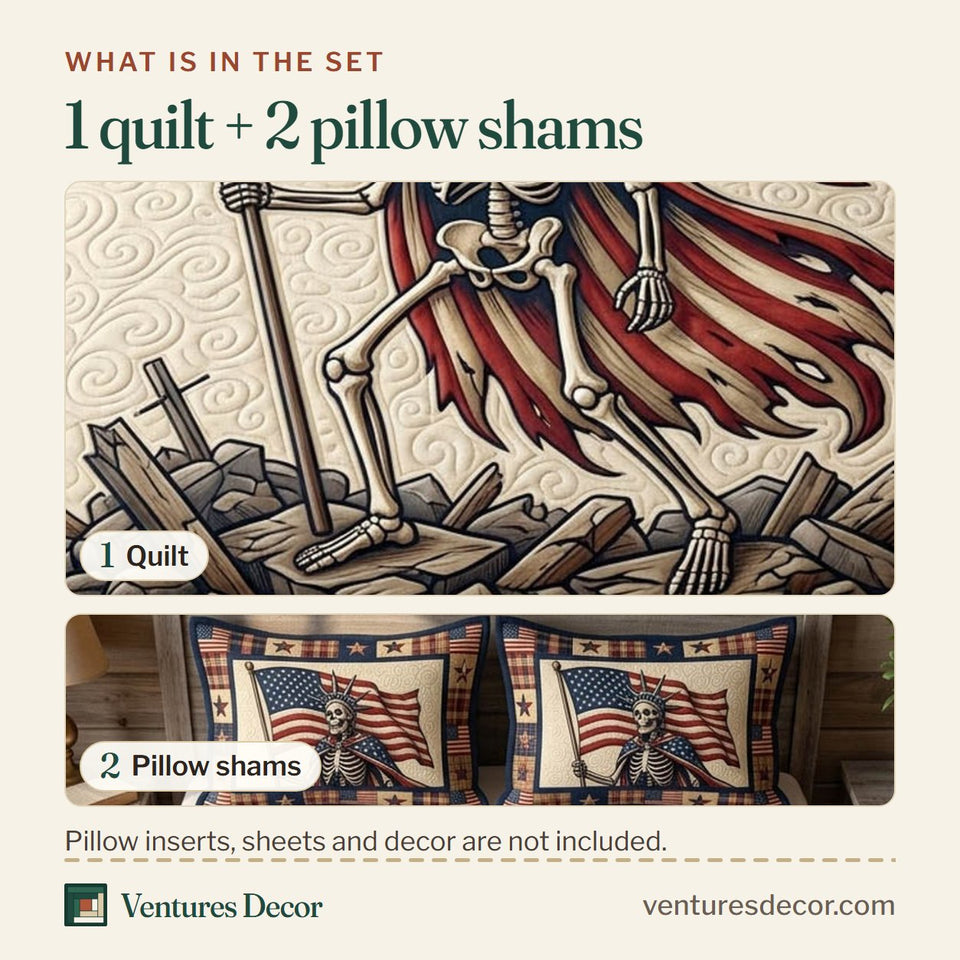 What is in the set: one quilt and two pillow shams, shown in the Standard Bearer Skeleton design