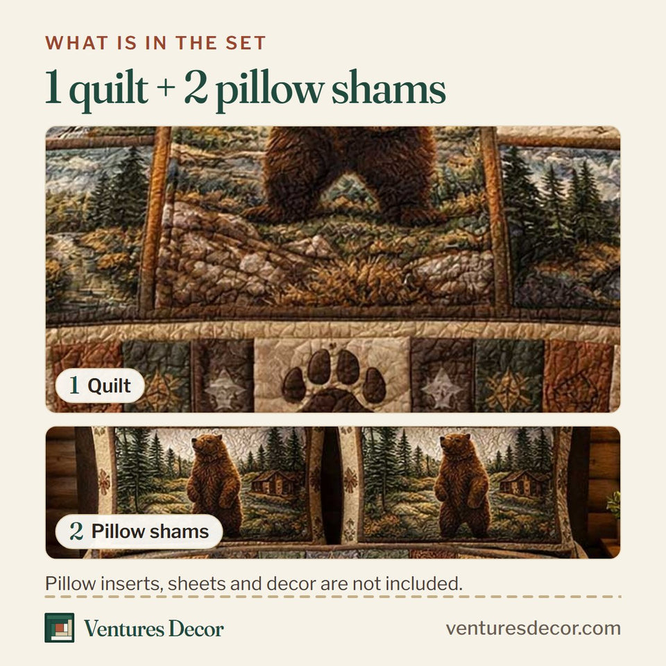 What is in the set: one quilt and two pillow shams, shown in the Standing Bear Compass Panels design