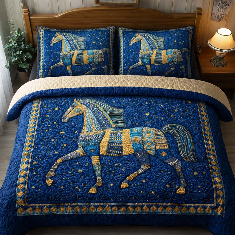 Star Steed quilted bedding set, quilt and two pillow shams on a made bed