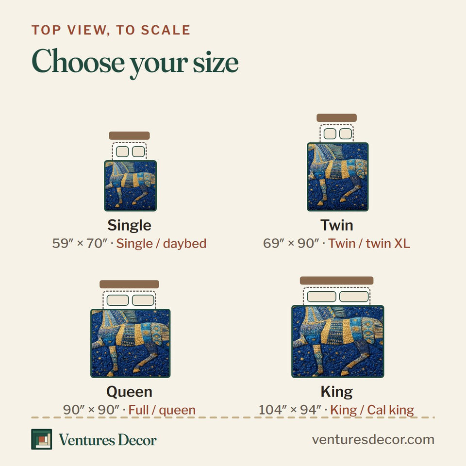 Size guide for the Star Steed quilt, top view to scale: Single 59 x 70 in, Twin 69 x 90 in, Queen 90 x 90 in, King 104 x 94 in