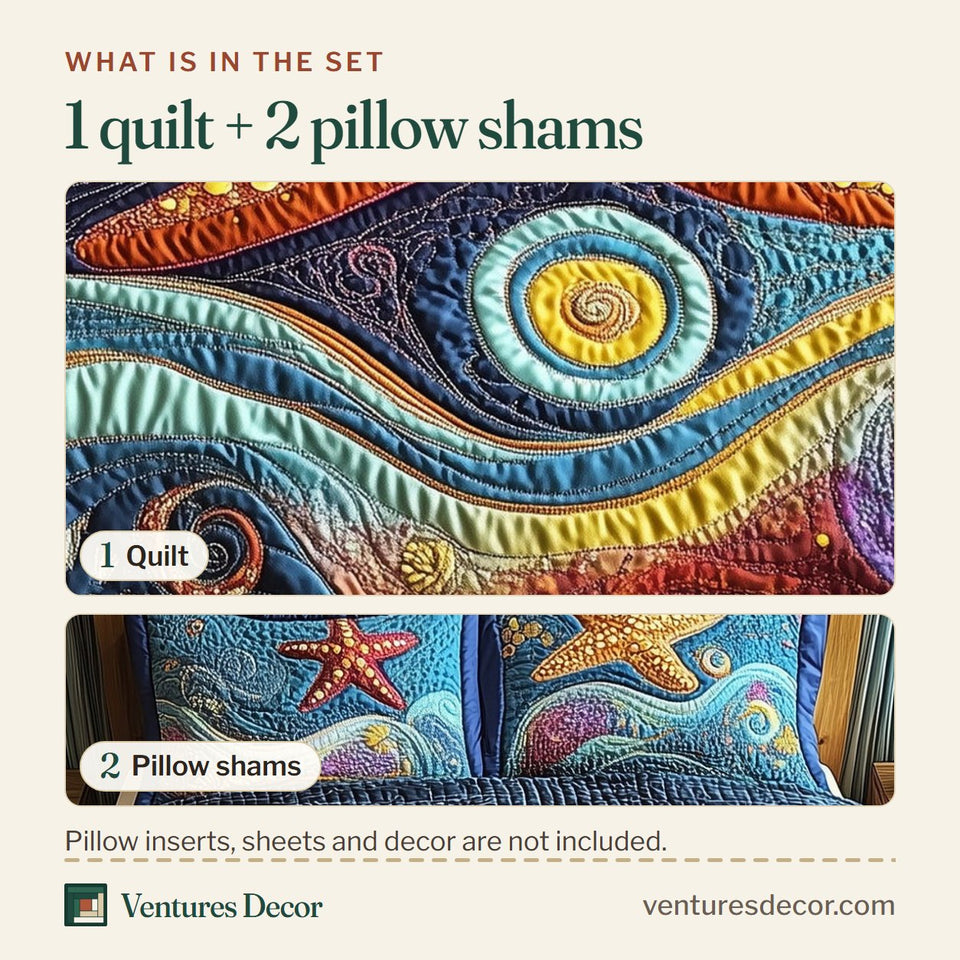 What is in the set: one quilt and two pillow shams, shown in the Starfish Serenade design