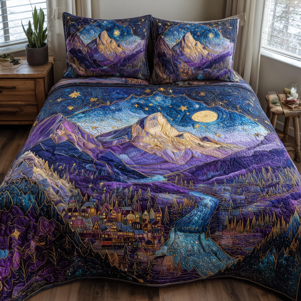 Starlight City Gold Moon on Snowy Peaks quilted bedding set, quilt and two pillow shams on a made bed