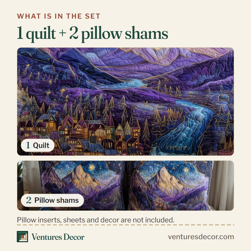 What is in the set: one quilt and two pillow shams, shown in the Starlight City Gold Moon on Snowy Peaks design