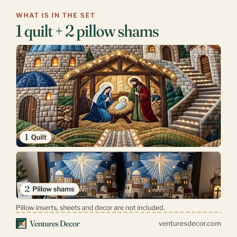 What is in the set: one quilt and two pillow shams, shown in the Starlight Over Bethlehem Town design