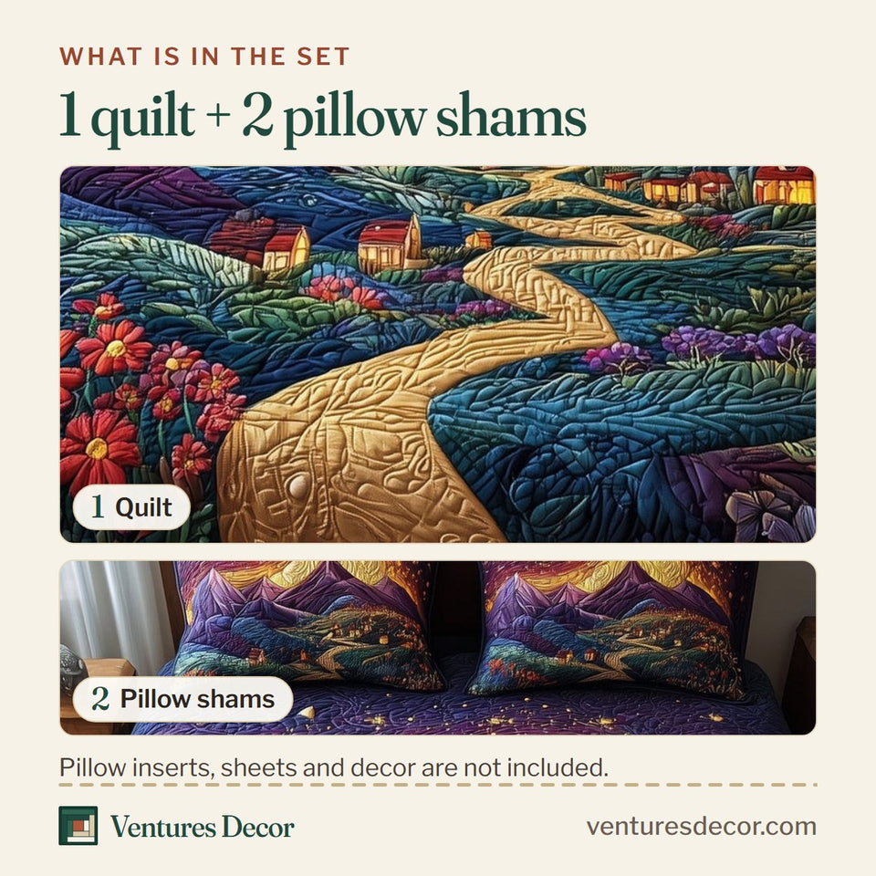 What is in the set: one quilt and two pillow shams, shown in the Starlight Valley Violet Night design