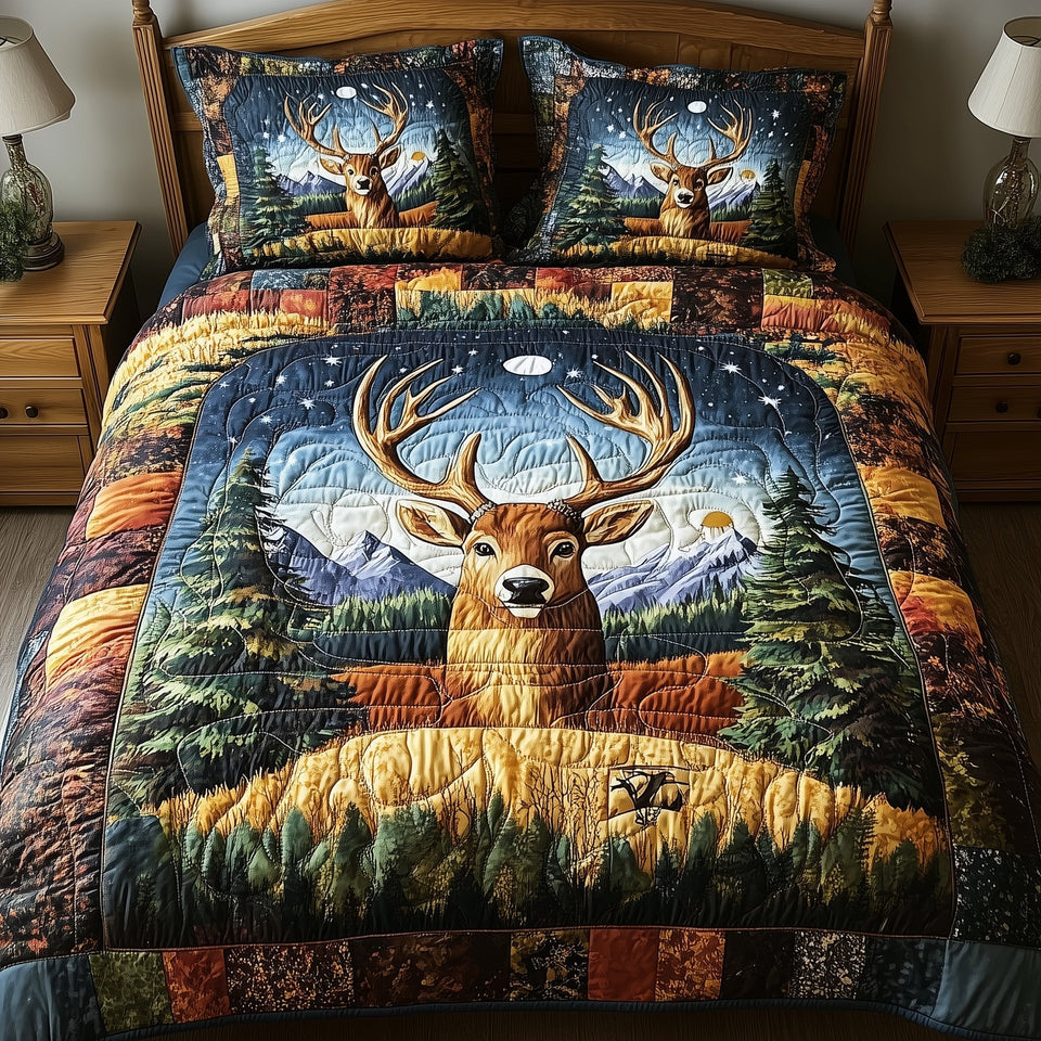 Starlit Antler Ridge quilted bedding set, quilt and two pillow shams on a made bed