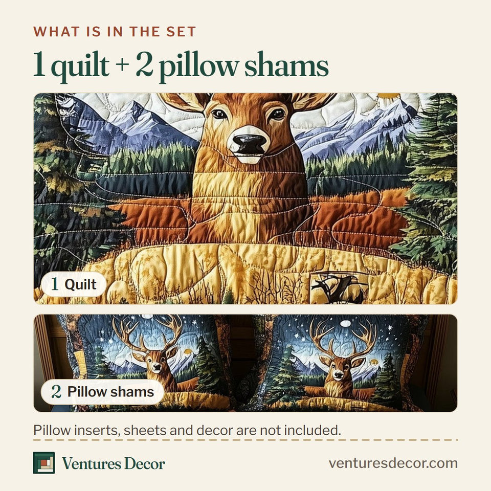 What is in the set: one quilt and two pillow shams, shown in the Starlit Antler Ridge design