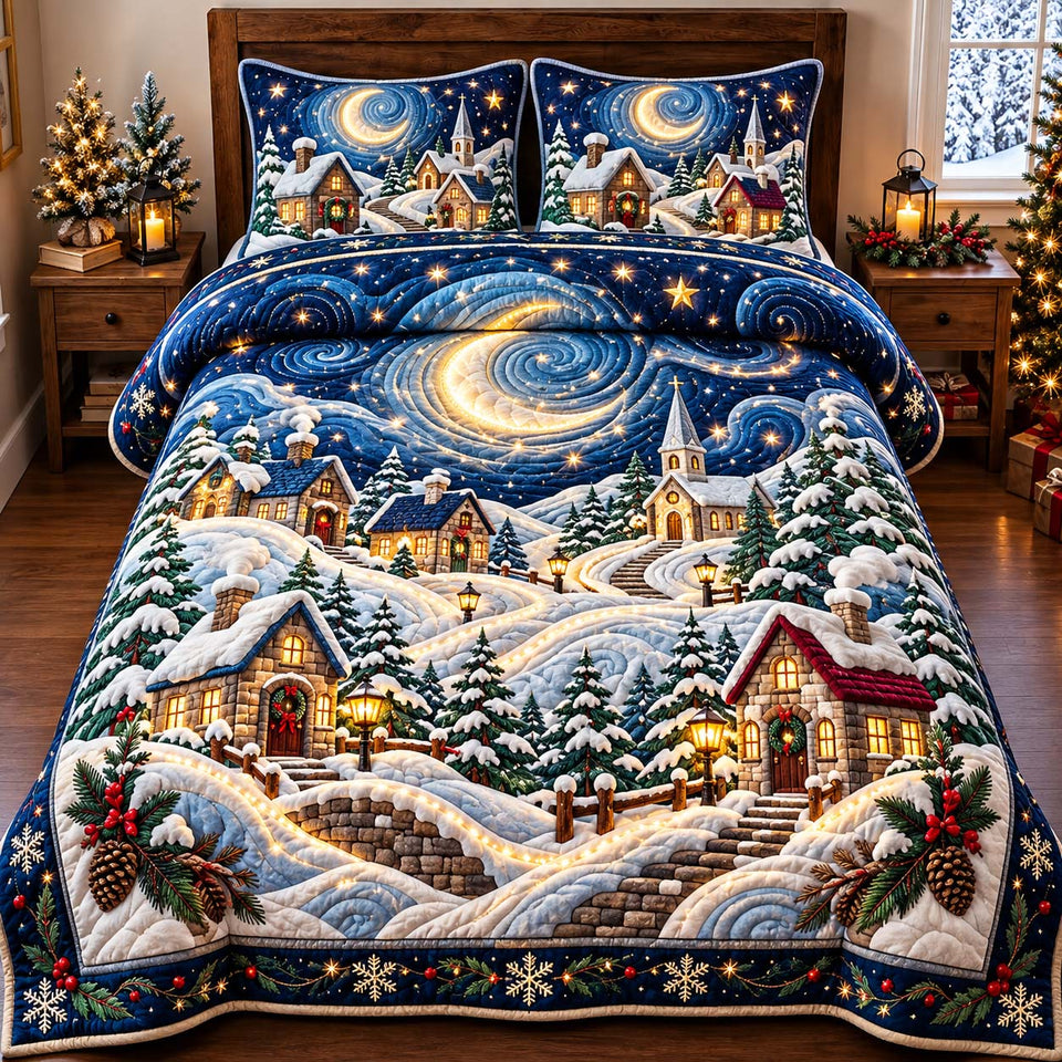Starlit Christmas Village quilted bedding set, quilt and two pillow shams on a made bed