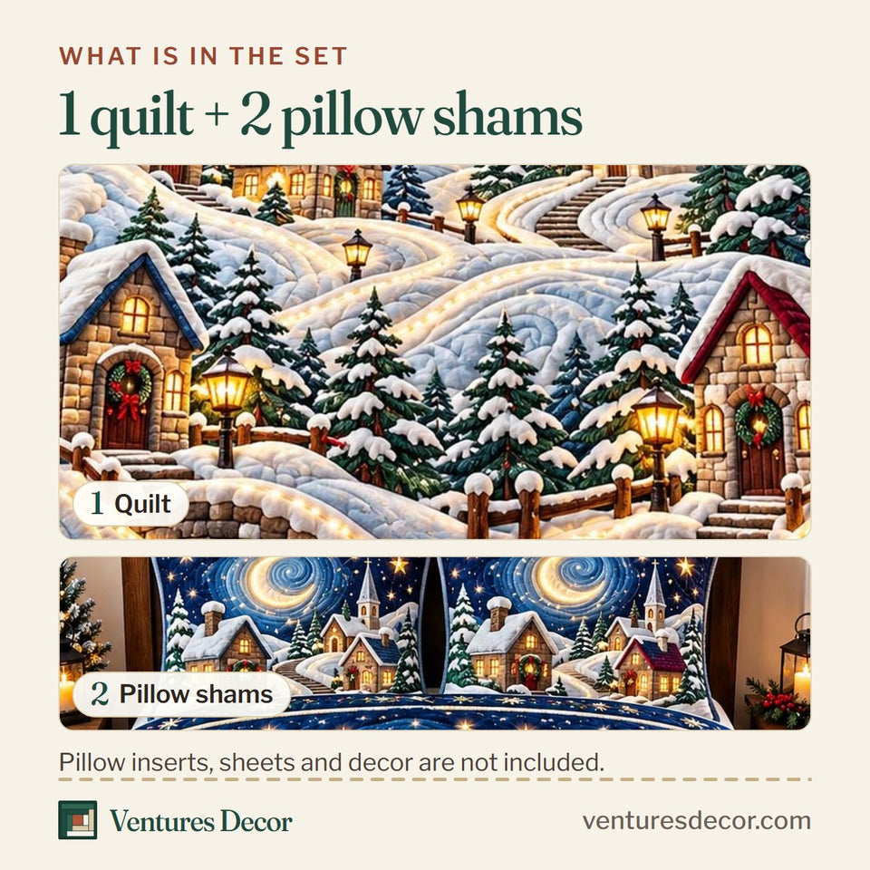 What is in the set: one quilt and two pillow shams, shown in the Starlit Christmas Village Quilt Set, 3-Piece Quilted Bedding with 2 Pillow Shams design