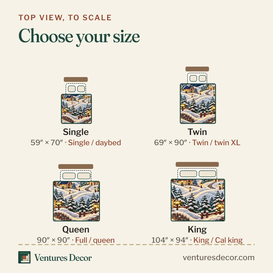 Size guide for the Starlit Christmas Village Quilt Set, 3-Piece Quilted Bedding with 2 Pillow Shams quilt, top view to scale: Single 59 x 70 in, Twin 69 x 90 in, Queen 90 x 90 in, King 104 x 94 in