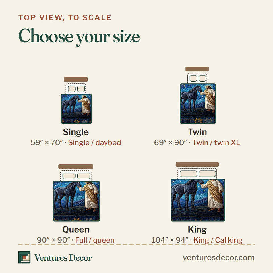 Size guide for the Starlit Faith quilt, top view to scale: Single 59 x 70 in, Twin 69 x 90 in, Queen 90 x 90 in, King 104 x 94 in