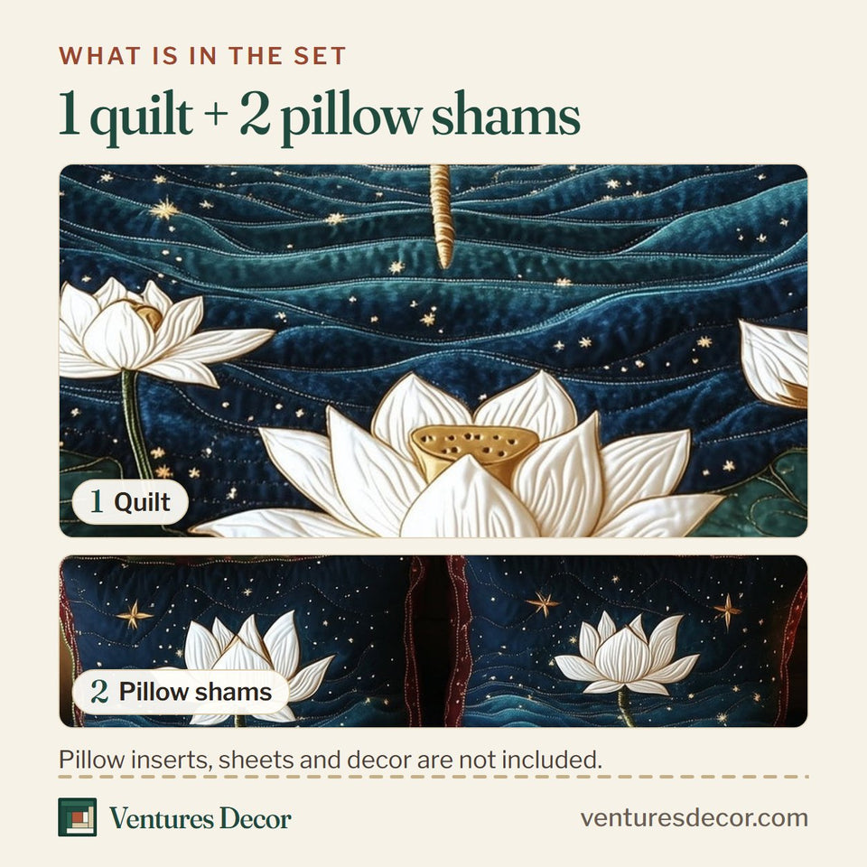 What is in the set: one quilt and two pillow shams, shown in the Starlit Lotus Skimmer design