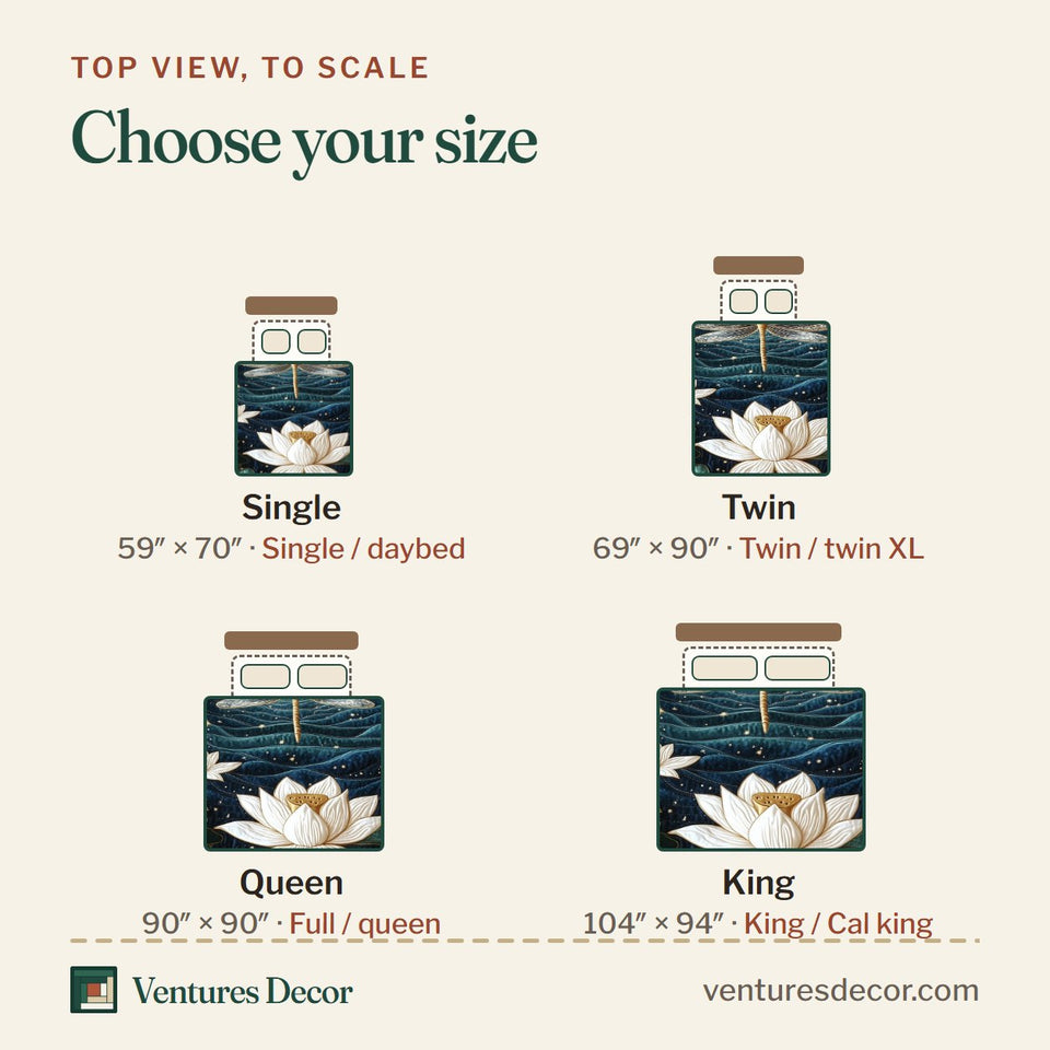 Size guide for the Starlit Lotus Skimmer quilt, top view to scale: Single 59 x 70 in, Twin 69 x 90 in, Queen 90 x 90 in, King 104 x 94 in
