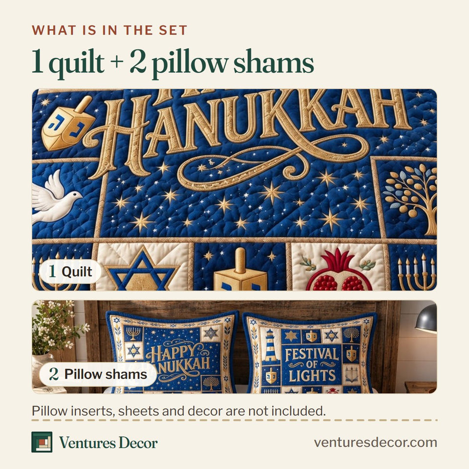 What is in the set: one quilt and two pillow shams, shown in the Starry Hanukkah Night design