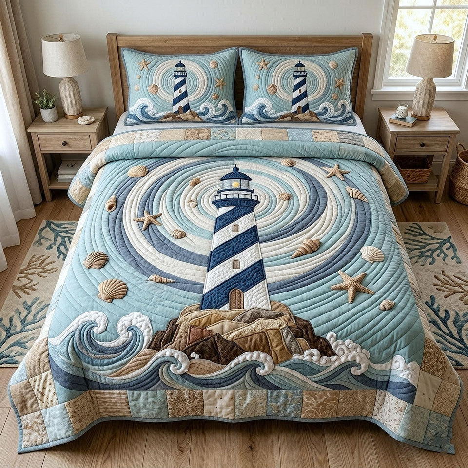 Starry Lighthouse Tides quilted bedding set, quilt and two pillow shams on a made bed