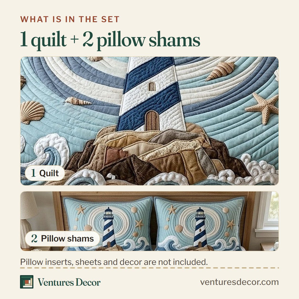What is in the set: one quilt and two pillow shams, shown in the Starry Lighthouse Tides design