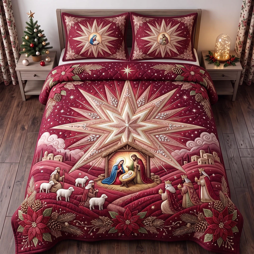 Starry Nativity quilted bedding set, quilt and two pillow shams on a made bed