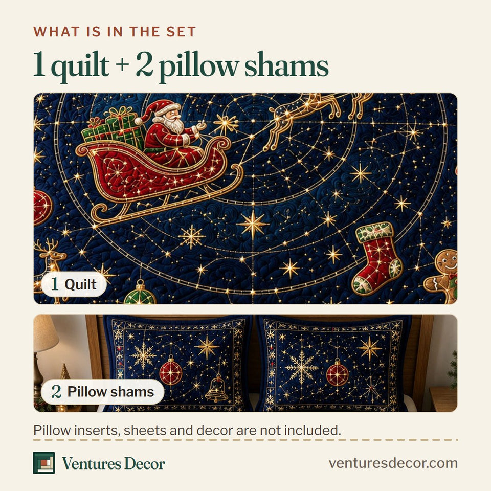 What is in the set: one quilt and two pillow shams, shown in the Starry Santa Journey design