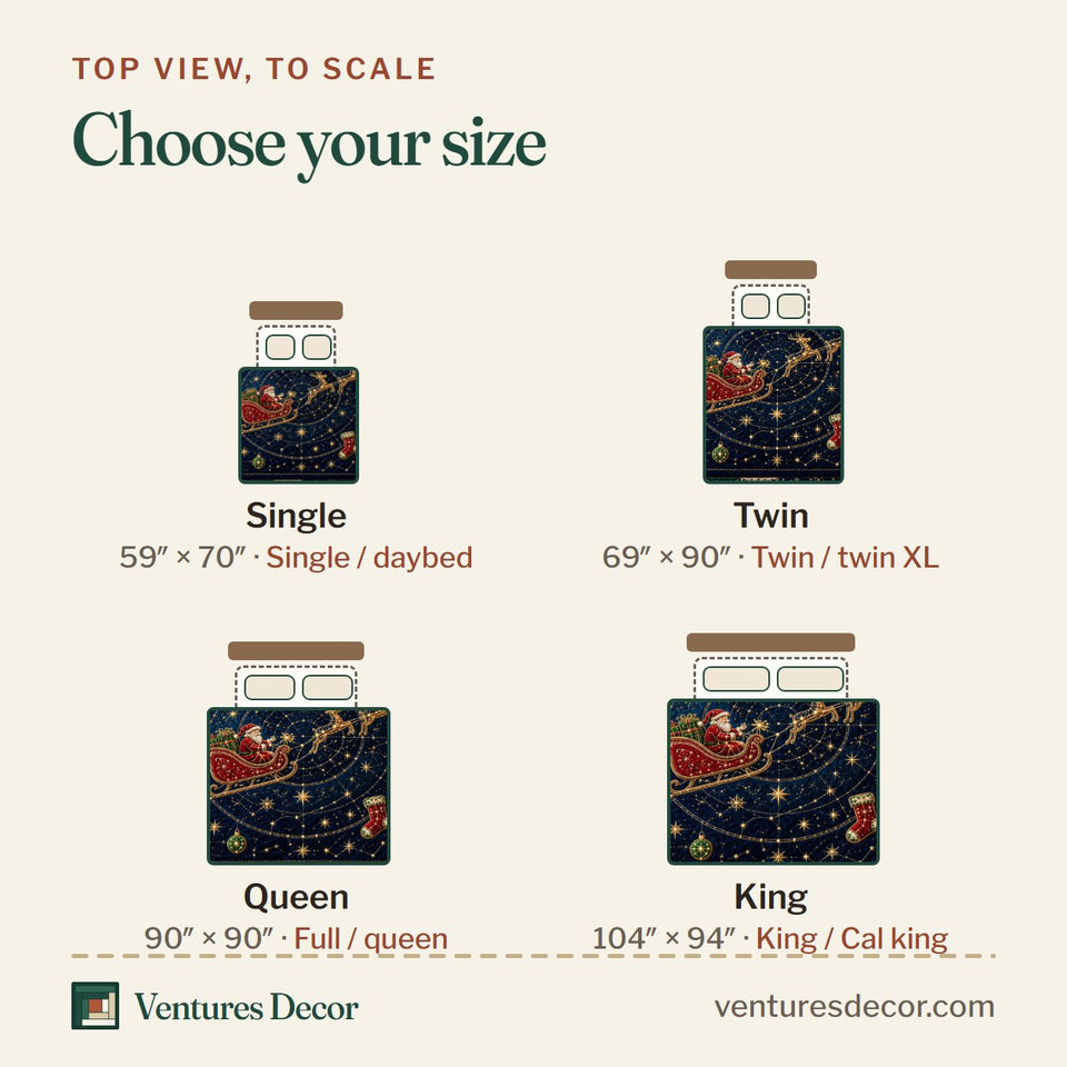 Size guide for the Starry Santa Journey quilt, top view to scale: Single 59 x 70 in, Twin 69 x 90 in, Queen 90 x 90 in, King 104 x 94 in