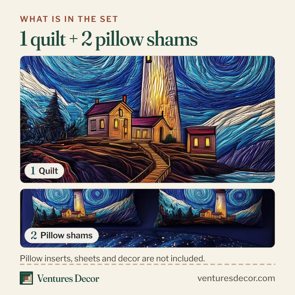 What is in the set: one quilt and two pillow shams, shown in the Starry Swirl Lighthouse design