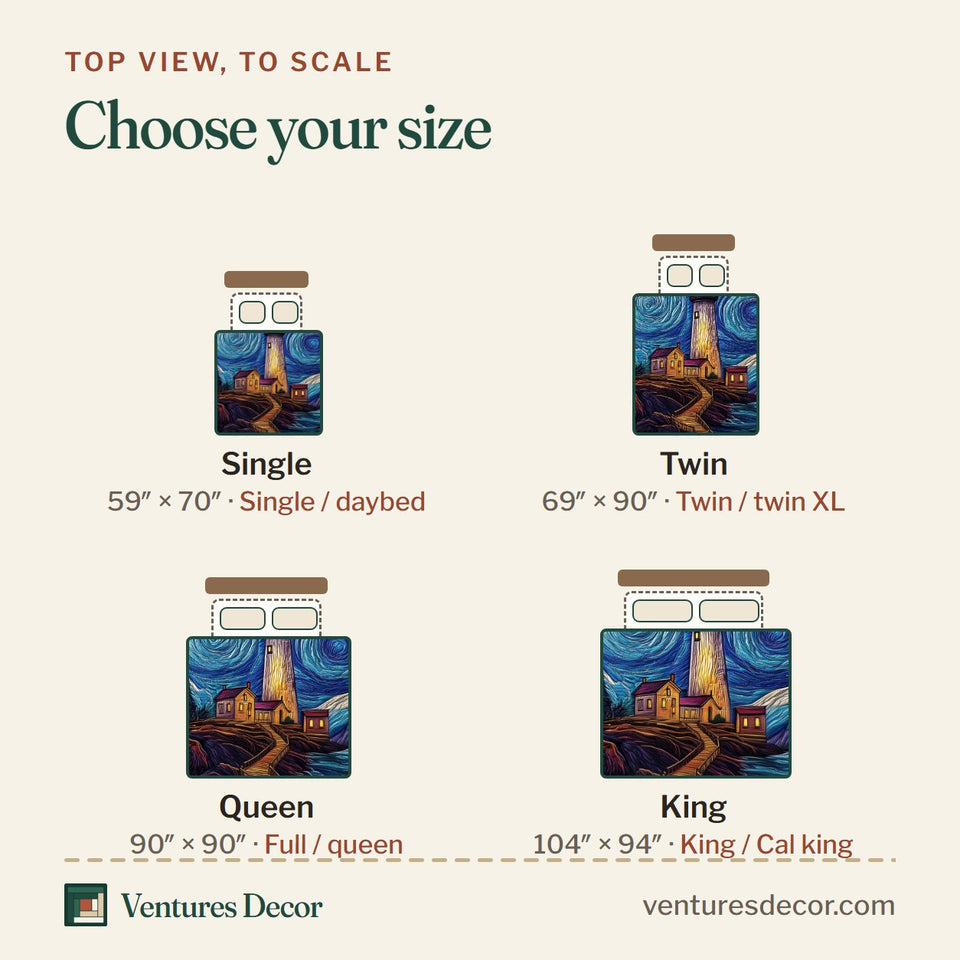 Size guide for the Starry Swirl Lighthouse quilt, top view to scale: Single 59 x 70 in, Twin 69 x 90 in, Queen 90 x 90 in, King 104 x 94 in