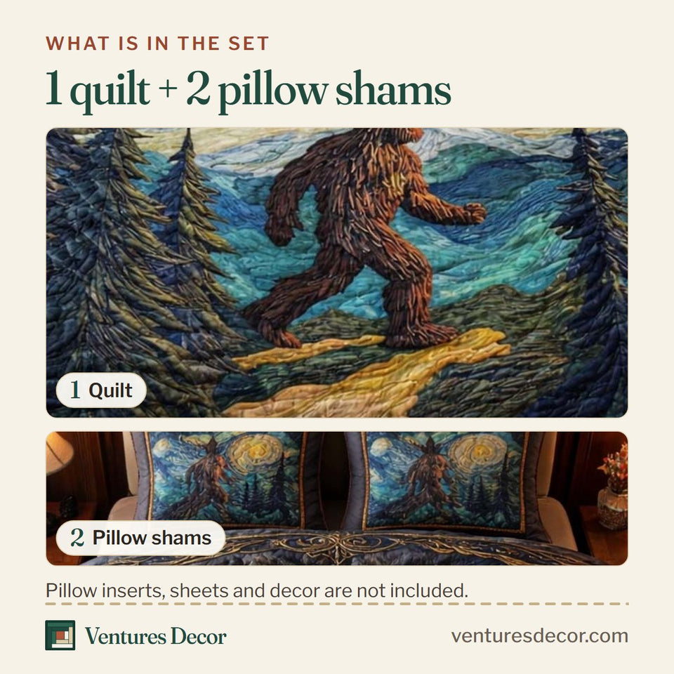 What is in the set: one quilt and two pillow shams, shown in the Starry Trail Bigfoot design