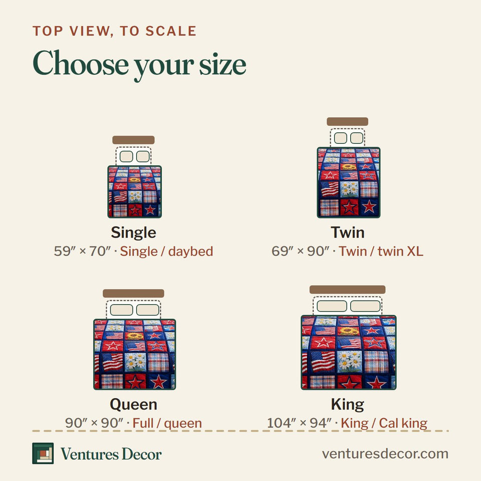 Size guide for the Stars and Stripes Patchwork quilt, top view to scale: Single 59 x 70 in, Twin 69 x 90 in, Queen 90 x 90 in, King 104 x 94 in