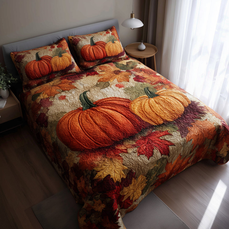 Stars Pumpkin Deep Autumn Leaf Ground quilted bedding set, quilt and two pillow shams on a made bed