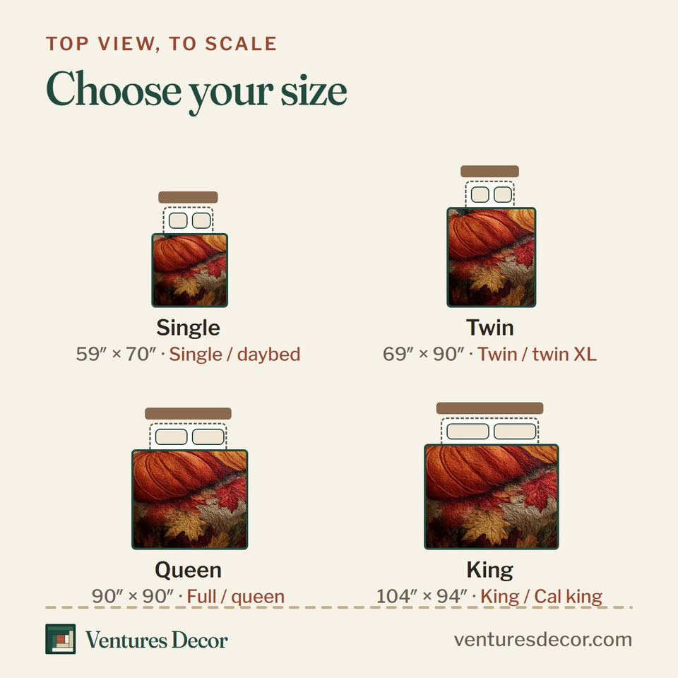 Size guide for the Stars Pumpkin Deep Autumn Leaf Ground quilt, top view to scale: Single 59 x 70 in, Twin 69 x 90 in, Queen 90 x 90 in, King 104 x 94 in