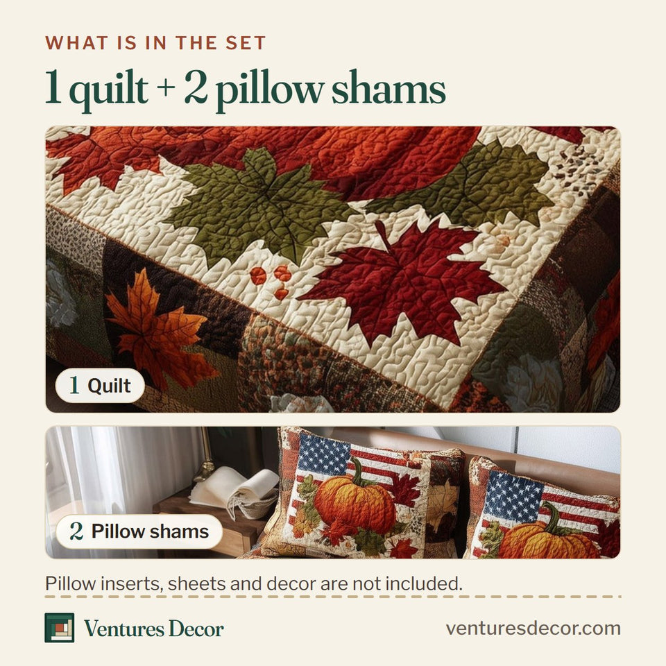 What is in the set: one quilt and two pillow shams, shown in the Stars Pumpkin Leaf Patchwork Border design