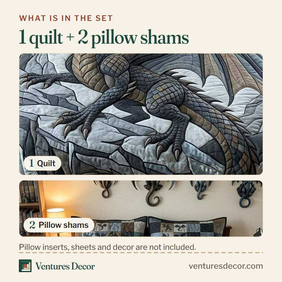 What is in the set: one quilt and two pillow shams, shown in the Steel Peak Dragon design